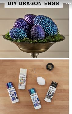 three different pictures with the words diy dragon eggs