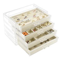 This modern jewelry box features a transparent design with four customizable drawers, ideal for organizing rings, earrings, and necklaces. Crafted from high-quality plastic with a soft velvet lining, it protects your jewelry while providing easy visibility. Perfect for Mother's Day, Christmas, and other special occasions. Latitude Run® Color: Beige | Latitude Run® Stylish Acrylic Jewelry Box - 4 Drawer Organizer For Rings, Earrings, & Necklaces Velvet in Beige | 6.3" H X 5.31" W X 9.25" D | Way… Modern Jewelry Box, Clear Jewelry, Earring Storage, Acrylic Jewelry, Necklace Organizer, Earring Organizer, Drawer Organizer, Acrylic Jewellery, Simplistic Design