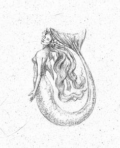 a drawing of a mermaid sitting on top of a large fish tail with her hair blowing in the wind