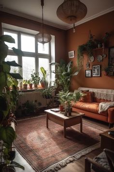 a living room filled with furniture and lots of plants