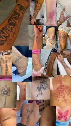 many different pictures of people with tattoos on their legs