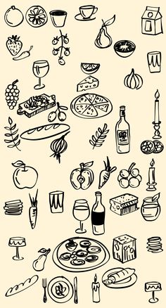 black and white drawing of food items on a plate, wine bottle, knife, fork, etc