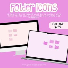 two computer monitors sitting next to each other on top of a pink background with text that reads, folder icons