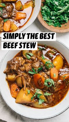 two white bowls filled with stew and vegetables on top of a table next to another bowl full of stew