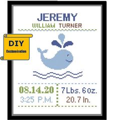 a cross stitch pattern for a birth announcement with a baby whale on it's back