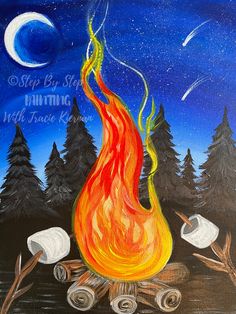 an acrylic painting of a campfire and marshmallows