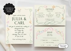 the wedding stationery was designed with hand drawn details and colors to match the bride's dress