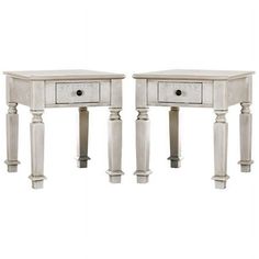 two white nightstand tables with drawers on each side