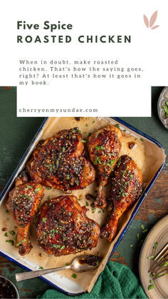 three pieces of roasted chicken on a plate with fork and knife next to the pan