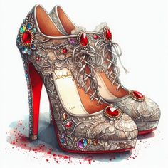 a drawing of a pair of high heeled shoes with jewels and stones on them