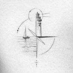 a pencil drawing of a lighthouse and sailboat in the ocean with a sun setting behind it