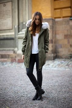 Shop this look on Lookastic: http://lookastic.com/women/looks/black-ankle-boots-black-skinny-jeans-white-crew-neck-t-shirt-olive-parka/6421 — Black Leather Ankle Boots — Black Leather Skinny Jeans — White Crew-neck T-shirt — Olive Parka Olive Parka Outfit, Anorak Jacket Outfit, Parka Jacket Outfit, Olive Parka, Parker Outfit, Pijamas Women