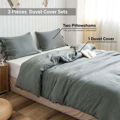 a bed with two pillows and one duvet cover is shown in three different positions