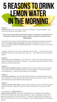 the recipe for lemon water is shown in black and white, with text that reads 5 reasons to drink lemon water in the morning