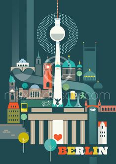 the berlin skyline is depicted in this retro style poster, with buildings and trees around it