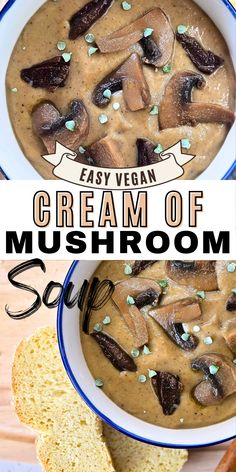 Vegan Cream Of Mushroom Soup in a decorative bowl with slices of mushrooms and fresh herbs on top. Healthy Mushroom Soup, Vegan Cream Of Mushroom Soup, Vegan Cream Of Mushroom, Best Mushroom Soup, Soup Creamy, Easy Vegan Lunch, Fall Vegan Recipes, Creamy Mushroom Soup, Christmas Appetizers Party