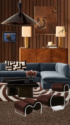 a living room filled with lots of furniture next to a painting on the wall above a coffee table