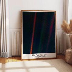 a poster with the words the pale blue dot on it in front of a window