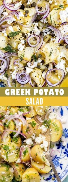 this greek potato salad is loaded with potatoes, onions and feta cheese it's ready to be eaten