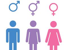 three male and female symbols are shown in blue, pink, and purple on a white background