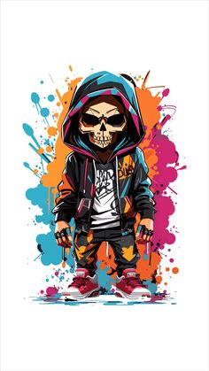 a drawing of a skeleton wearing a hoodie and standing in front of paint splatters