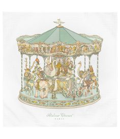 an illustration of a carousel with animals on it's sides and people around the carousel