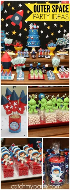 a space themed party with red, white and blue desserts