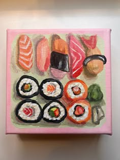 a painting of sushi on a pink background