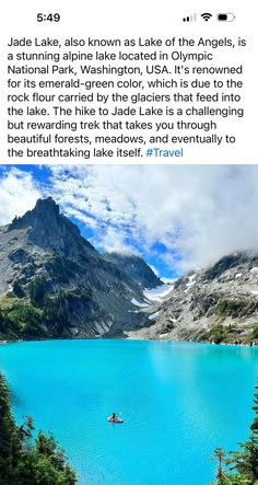 an image of a lake with mountains in the background and text about it's location