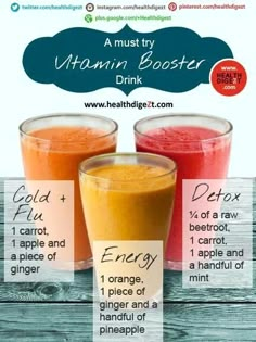 three glasses filled with different types of juices and the words, vitamin booster drink