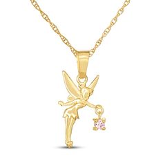 This adorable children's necklace features Tinkerbell's silhouette set in classic 14K yellow gold. The pendant features a dangling pink cubic zirconia for a touch of sparkle. The pendant hangs from a 13-inch rope chain and secures with a spring ring clasp. Garnet Heart Necklace, Fairy Jewelry, Zirconia Necklace, Cubic Zirconia Necklace, Dope Jewelry, Kids Necklace, Jewelry Fashion Trends, Disney Jewelry, Girly Jewelry