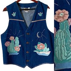 DICKIE'S BRANDERS Denim Vest Vintage - Made In USA  Hand Painted Southwestern Icons  Sz L Underarm To Underarm = aprx 21" Length = aprx 24" Cowgirl Vest, Embroidered Vest, Bad And Boujee, Concert Fits, Vest Outfits, Accessories Diy, Beautiful Clothes, Denim Vest, Girl Room