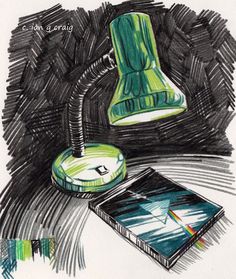 a drawing of a desk lamp next to a book