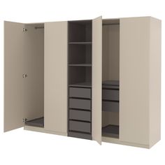 an open cabinet with drawers and shelves on the bottom, in front of a white background