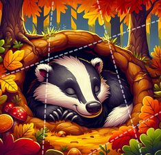 a painting of a badger sleeping in a hole surrounded by autumn leaves and acorns