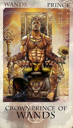 an image of a man sitting in a chair with the words, crown prince of wands