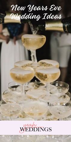 champagne glasses are stacked on top of each other with the words new year's eve wedding ideas