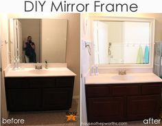 before and after pictures of a bathroom vanity with mirror, sink, and shower area