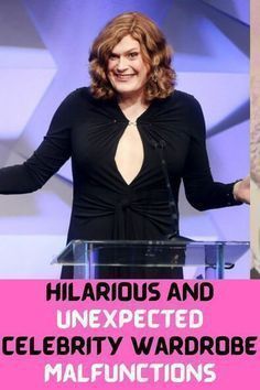 a woman standing at a podium in front of a pink background with the words hilarrous and unexpected celebrity wardrobe malfunction