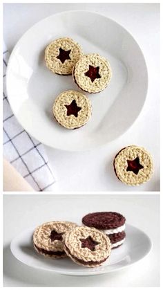 three different views of cookies on a plate and in the middle one is chocolate, while the other two are crocheted