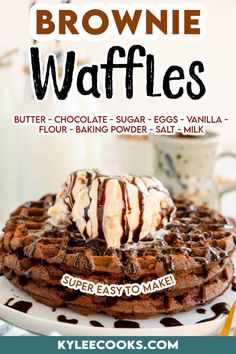 chocolate waffles on a white plate topped with ice cream