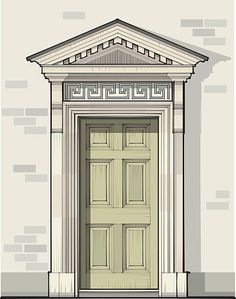 a drawing of an entrance to a building with a door in the center and columns on either side