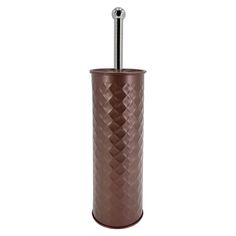 a brown toilet brush holder with a chrome finish and diamond pattern on the bottom, in front of a white background