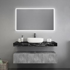 a bathroom sink with a large mirror above it