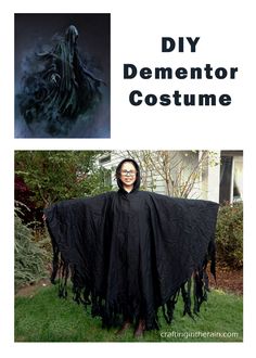 an image of a woman wearing a black costume with the words diy dementor costume on it