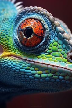 an orange and blue chamelon's eye is seen in this close up photo