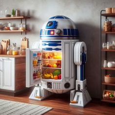 a star wars r2d - d2 refrigerator is open and filled with food