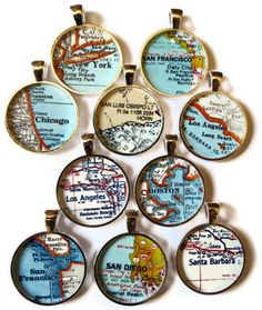 six different types of map pendants on a white background