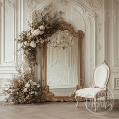 an ornate gold framed mirror sitting on top of a wooden floor next to a white chair