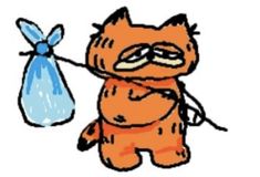 a drawing of a cat with a bag on it's back and eyes closed